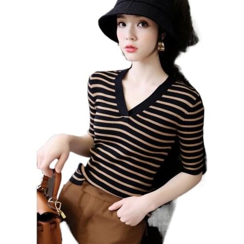 Striped ice silk knit sweater womens short-sleeved spring and summer slim thin hedging v-neck t-shirt top bottoming shirt