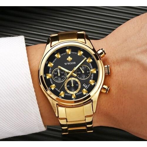 Reloj Hombre 2020 WWOOR Multifunction Business Mens Quartz Wristwatches Gold Full Steel Military Sports Date Watch Men With Box
