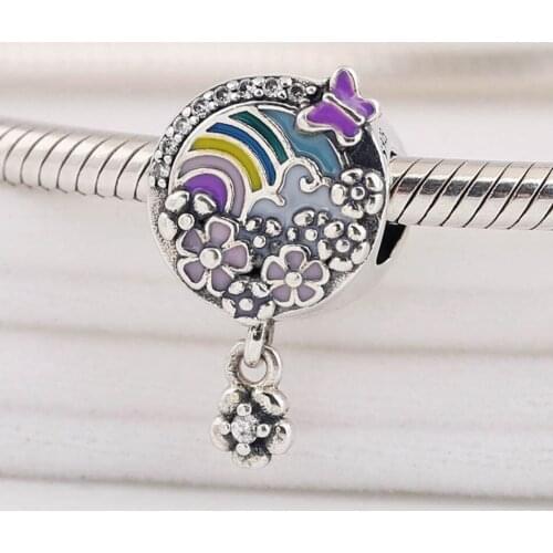 S925 Silver Pendant DIY Jewelry Rainbow Butterfly Poetic Dangle Charm fit Lady Bracelet Bangle