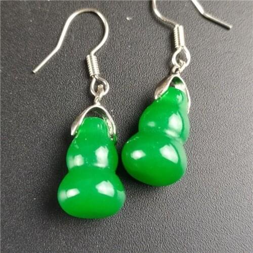 Natural Green Chalcedony Hand Carved 925 Silver Inlaid Gourd Earrings Fashion Jewelry Mens and Womens Earrings