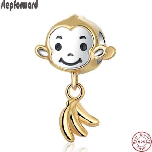 STEP FORWARD 100% 925 Sterling Silver Cute Monkey & Banana Love Charm Animal Collection Charms Fit Bracelet Bangle DIY Jewelry