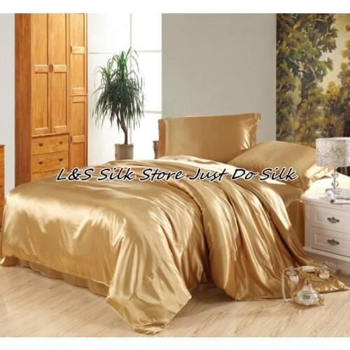 Silk bedding sets 4pcs luxurious champagne color king queen Full Twin 100% mulberry silk dyed fabric ls2133