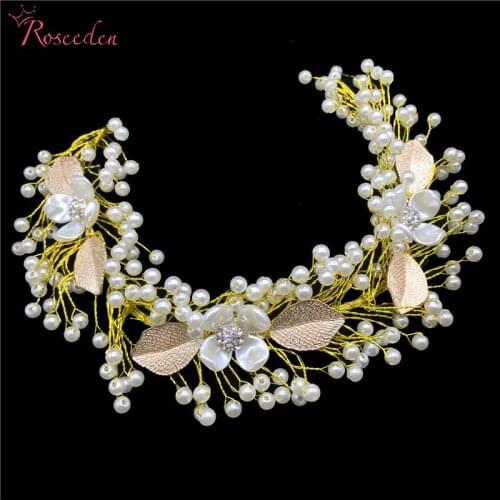 Handmade Bridal Pearl Hair Ornaments Gold Floral Leaves Lady Girls Wedding Hair Accessories Jewelry Headdress RE621-2