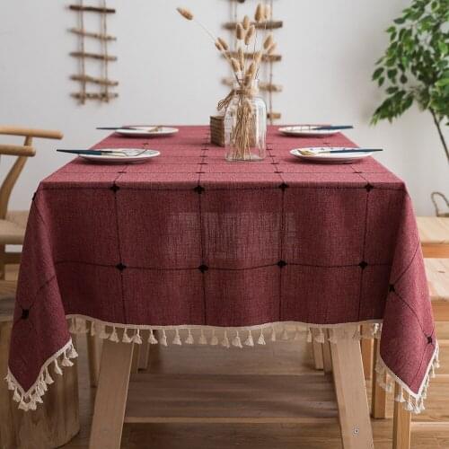 Dark red plaid cotton linen tablecloth tassel decorative gingham table cloth cover for tea table table cloth cabinet cover