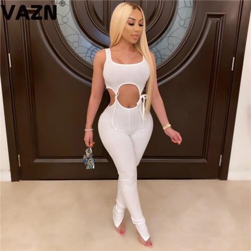 VAZN 2020 New Arrival Knit Outfits Hollow out Sexy Open Young Solid Fashion Tank Top Group Long Pants Slim Women 2 Piece Set