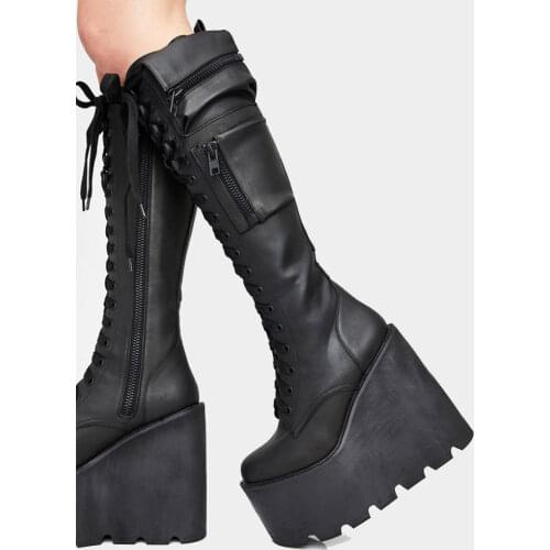 2021 Female Motorcycle Boots Fashion Wedges Round Toe Super High Heel Knee-High Boots Platform Winter Hot Sale Women Shoes