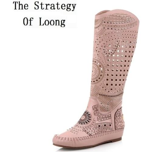 Women Increasing Height Knee High Cut Out Spring Summer Autumn Sandal Boots Genuine Leather Cutout Knee-High Long Boots 20200304