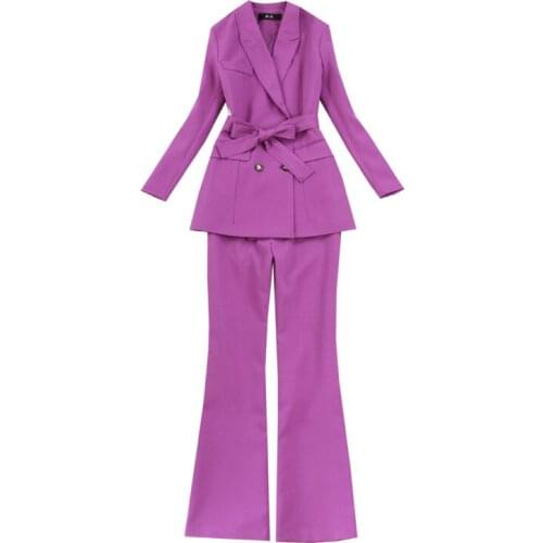 Office suits for women new style purple belt double-breasted suit + flared trousers OL professional suit 2 piece set women