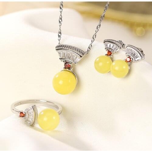 S925 sterling silver natural amber beeswax graceful personality fan-shaped womens rings pendants ear stud earring suit