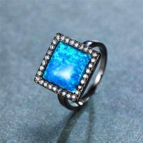 Cute Female Blue Opal Stone Ring Vintage Black Gold Wedding Rings For Women Promise Love Square Engagement Ring