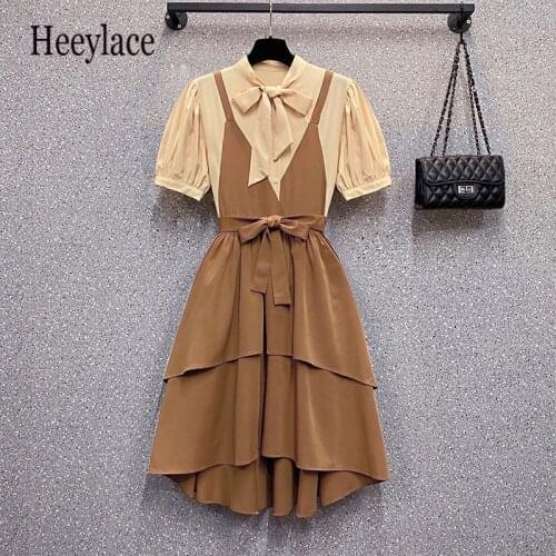 Plus size women Summer dresses short sleeve bow collar fake two piece cake dresses korean high waist irregular vestidos 4XL