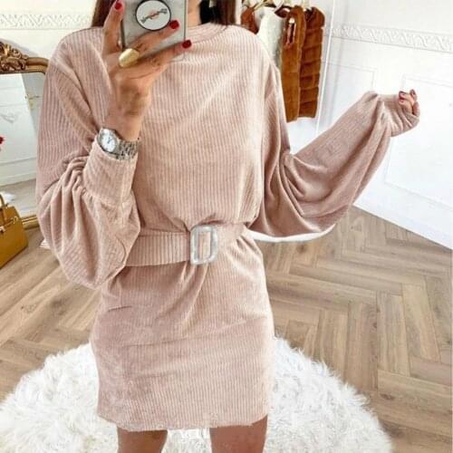 Women Solid Color Casual Mini Dress O Neck Lantern Sleeve Sashes Slim Basic Elegant Dress 2021 New Office Lady Fashion Dress