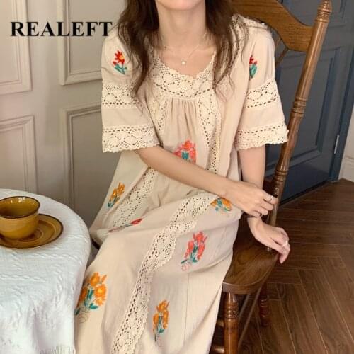 REALEFT 2021 Women Floral Embroidery Summer Dress Elegant Short Sleeve Square Collar Holiday Casual Loose Beach Dresses Female