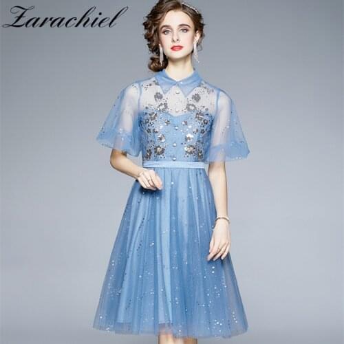 Summer Blue Tulle Mesh Party Dress Women See Through Flare Sleeve High Waist Pleated Net Yarn Sequin Embroidery Vestidos