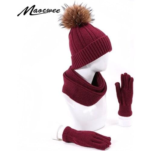 Winter Real Fur Pompon Skullies Beanies Hat Scarf Gloves Set Solid Thick Outdoor Unisex Hats Ring Scarf Gloves Set With lining