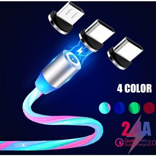 2.4A Fast Charging Micro For iPhone Data Cable Flowing Rainbow Glow LED USB Type C Magnetic Cable For Huawei P30 Samsung S9 Wire
