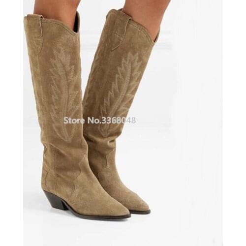 2018 New Fashion Nude Suede Embroidered Knee High Boots Women Pionted Toe Spike Heels Winter Long Boots Low Heels Knight Boots