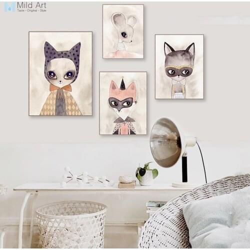 Watercolor Cute Animals Cat Fox Poster Nordic Nursery Kids Baby Room Wall Art Print Pictures Home Decor Canvas Painting Custom