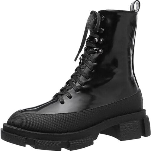 Famous rivets buckle platform chelsea boots women thick bottom rubber cowboy western booties japanned leather combat botas s616