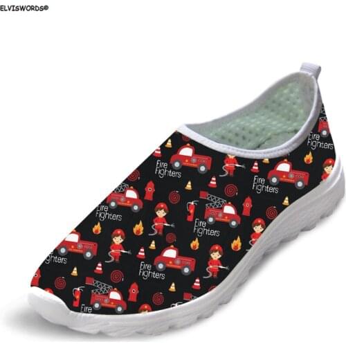 ELVISWORDS Cute Cartoon Firefighter Pattern Sprng Summer Ladies Flats Shoes Woman Casual Sneakers Comfortable Breathable Mesh