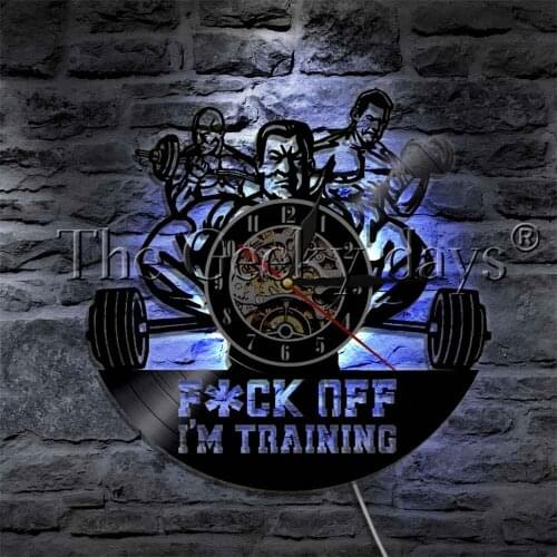 F- Off I'm Training Bodybuiling LED Lighting Vinyl Record Wall Clock Gym Fitness Room Wall Watch Decor LED Hanging Lamp