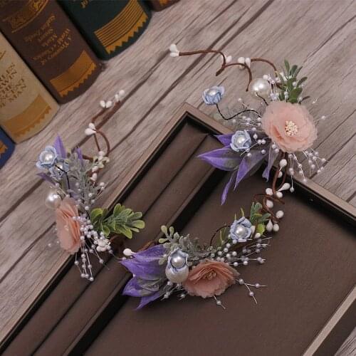Powder blue mori silk yarn simulation flower wreath garland for bride wedding hair decoration head jewelry accessories
