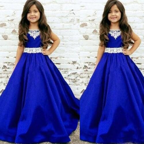 Royal Blue Girls Pageant Dresses with White Lace Jewel NeckToddler Infant Satin Long Cheap Flower Girl First Communion Gown