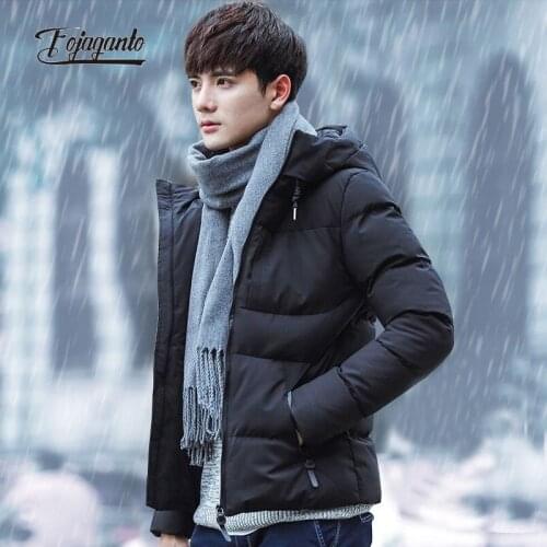 FOJAGANTO Mens Winter High Collar Hooded Parka Solid Color Short Waist Bread Jacket Youth Korean Fashion Trend Thick Coat Men