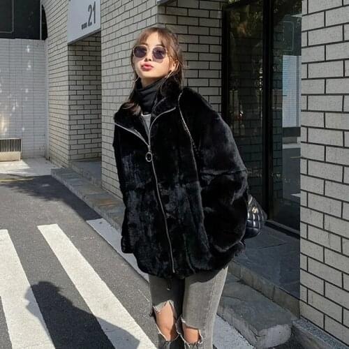 Korean Fashion Loose Short Faux Fur Jacket Women Winter Stand Collar Solid Soft Faux Rabbit Fur Coat Thick Warm Harajuku Outwear