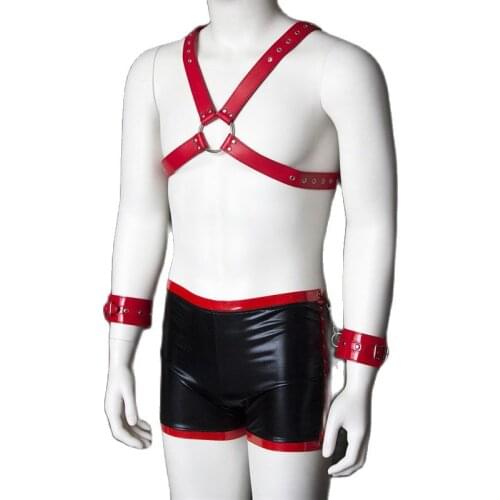 Adult Men Muscle Leather Body Harness With Wet Look Boxer Underwear and Attached Wrist Cuffs Restraints Bondage Gear