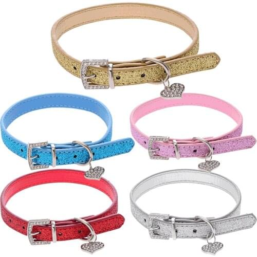 Cat Collar Adjustable Kitten Necklace Kitten Neck Strap For Small Cat Crystal Diamond Heart Pendant Pet Supplies Shiny Leather