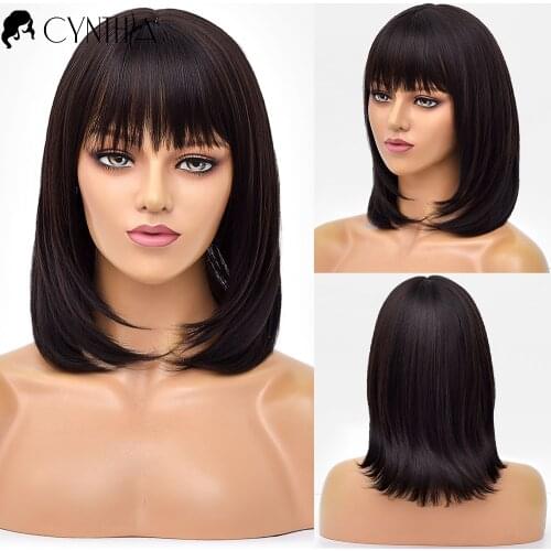 Black Silky Straight Bob Daily Synthetic Wigs With Bangs For Black White Women Natural Fake Hair Heat Resistant Cosplay Wigs