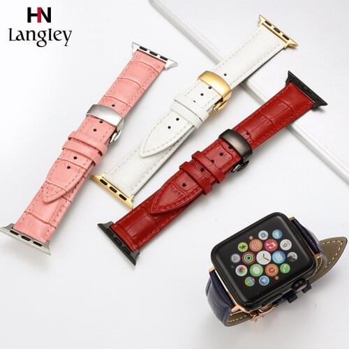Genuine Leather Watchband For Apple Watch 40 44mm Bracelet Straps iwatch 1/2/3/4/5 38 42mm Wristbands Automatic butterfly buckle