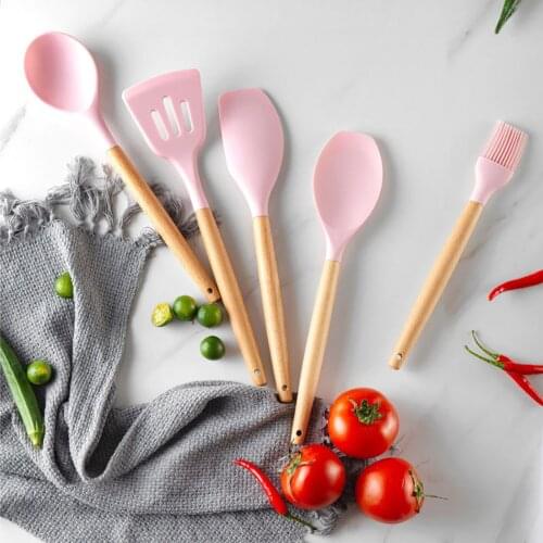 Pink Kitchen Utensil Premium Silicone Utensil With Non-Stick Flexible Wood Handle Cooking Kitchen Cookware Home Supplies
