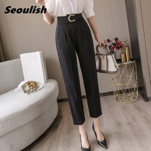 Seoulish Spring Summer Button Formal Womens Harem Pants High Waist Female Workwear Elegant Ankle Length Trouses 2021 New