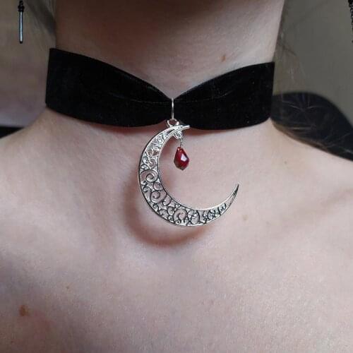 Wide Velvet Choker with Moon || Gothic Choker