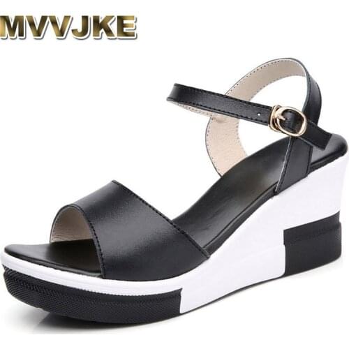 MVVJKEWomens platform sandals, genuine leather shoes, white flat shoes, high heels, summer platformE126