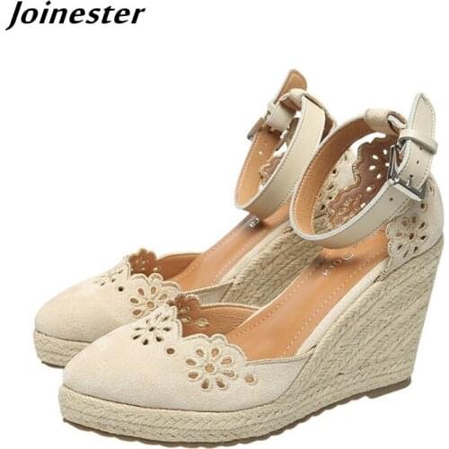 Hollow Out Women Straw Braided Wedge Pumps Ankle Strap Vintage Sandals for Ladies Summer Dress Shoes босоножки женские 2021