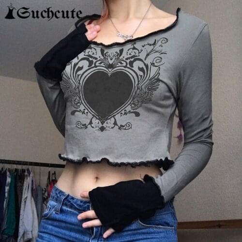 SUCHCUTE Gothic Heart Print Women Cropped Tops Dark Academia Long Sleeve Vintage Girls T-shirts Harajuku Casual Aesthetic Tee