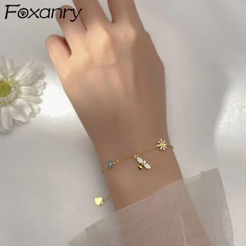 FOXANRY 925 Sterling Silver Flower Bracelets for Women Party Accessories Trendy Elegant Sweet Sparkling Zircon Bee Bride Jewelry
