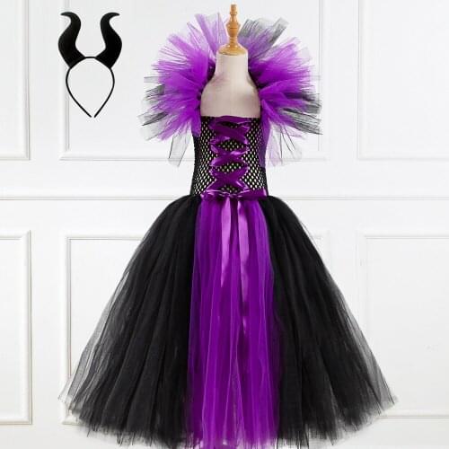 Girls Maleficent Evil Princess Halloween Cosplay Costume Tutu Dress Costume with Headband Fancy Kids Birthday Party Dress