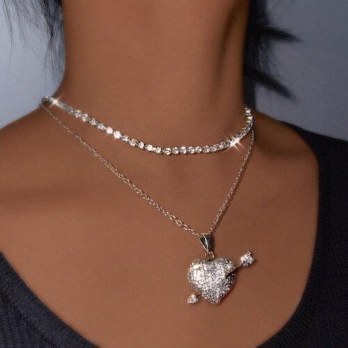 Flatfoosie Trendy New Love Heart Cupid Arrow Pendant Necklace For Woman Bling Rhinestone Tennis Long Chain Necklace 2021 Jewelry
