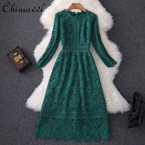 2021 Autumn Womens Clothing New Long Sleeve High-End Lace Temperament Midi Dress Fashion Slim Fit Bottoming Dress Feminine