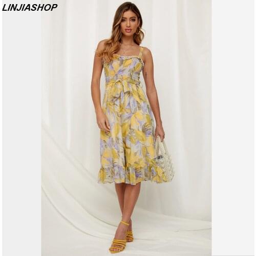 Elegant bohemian print midi dress women slash neck sleeveless A line strap lining high waist mid-calf summer holiday dress