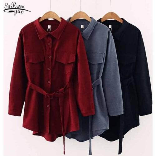 Solid Buttons Pockets Turn-down Collar Simple Women Dress Corduroy Elegant Long Sleeve Sashes Dress Women Vintage Harajuku 12007