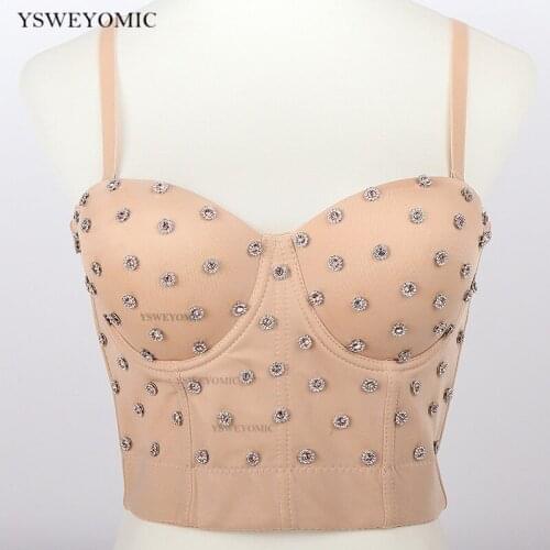 2021 Summer Pink Nude Women New Fashion Rhinestone Camisole Sexy Nightclub Dance Sleeveless High Waist Bustier Crop Tops
