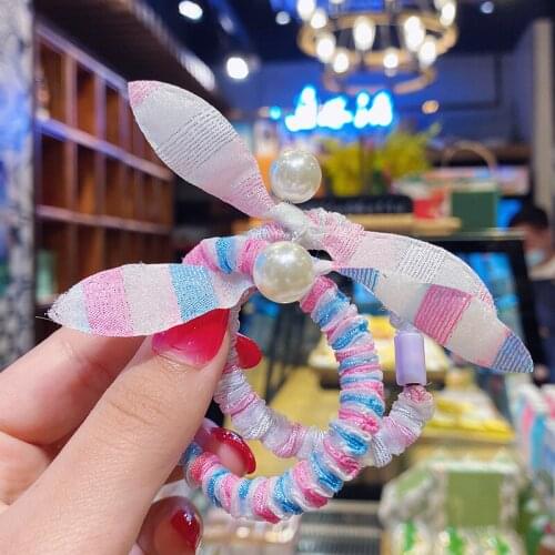 2021 Fancy Girl Colorful Stripe Hairrope Rainbow Bowknot Hair Tie Sweet Pearl Headband Ponlytail Holder Fashion Hair Accessories