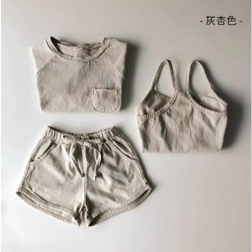 2021 new cotton girls boys 3 pcs set summer vest+t shirt+shorts soft kids suit