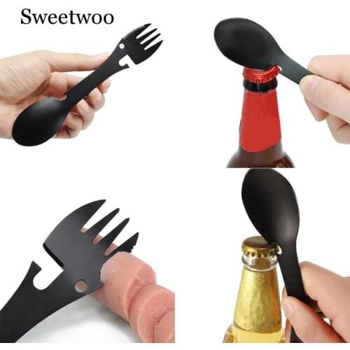 5 In 1 Multi-functional Outdoor Tools Stainless Steel Camping Survival EDC Kit Practical Fork Knife Spoon Bottle/Can Opener