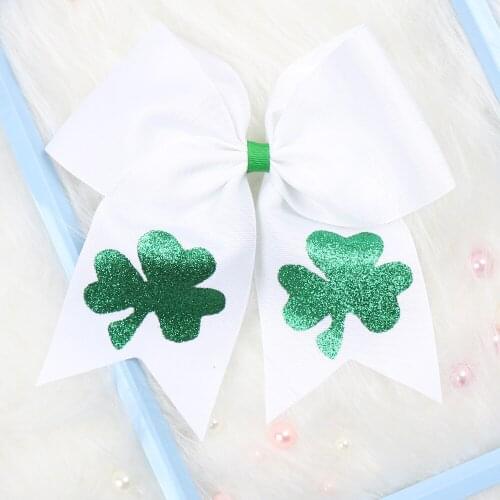7" Cheer Bows St Patricks Day Hair Bows for Girls Shamrock Glitter Print Ribbon Hair Tie Hair Bands Festival Hair Accessories